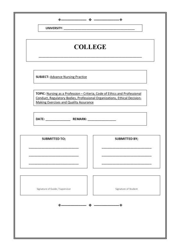 Sample index pages of Advance Nursing Practice Practical Record for M.Sc. Nursing I Year