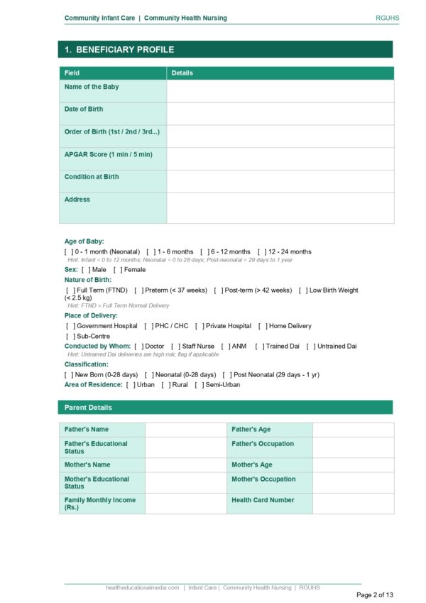 Sample page of the Community Infant Care Format PDF for nursing students.