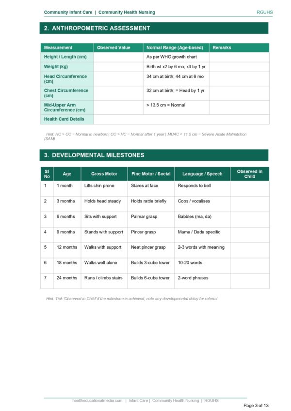 Sample page of the Community Infant Care Format PDF for nursing students.