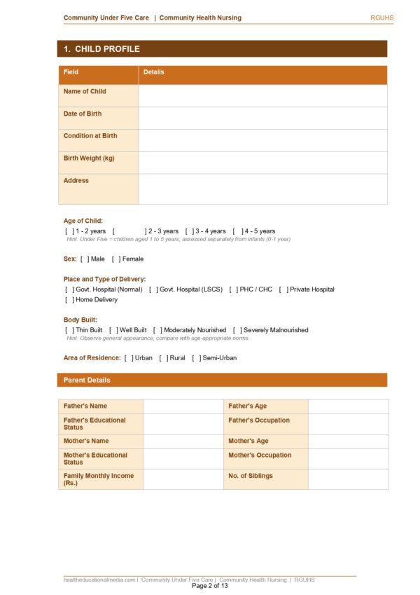 Sample page of the Community Under Five Care Format PDF for nursing students.