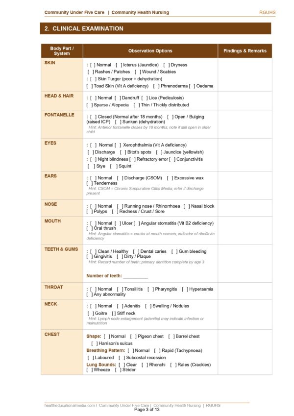 Sample page of the Community Under Five Care Format PDF for nursing students.