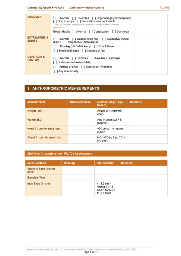 Sample page of the Community Under Five Care Format PDF for nursing students.