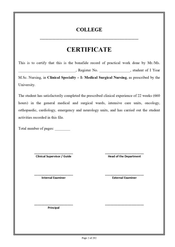 Sample index pages of Medical Surgical Nursing Practical Record for M.Sc. Nursing I Year