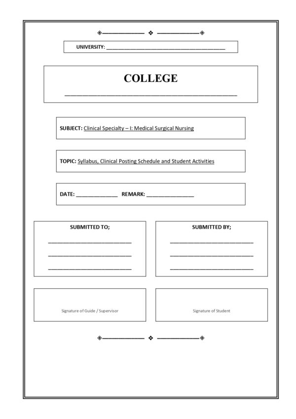 Sample index pages of Medical Surgical Nursing Practical Record for M.Sc. Nursing I Year