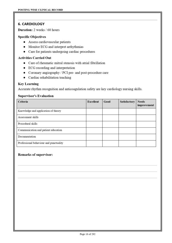 Sample index pages of Medical Surgical Nursing Practical Record for M.Sc. Nursing I Year
