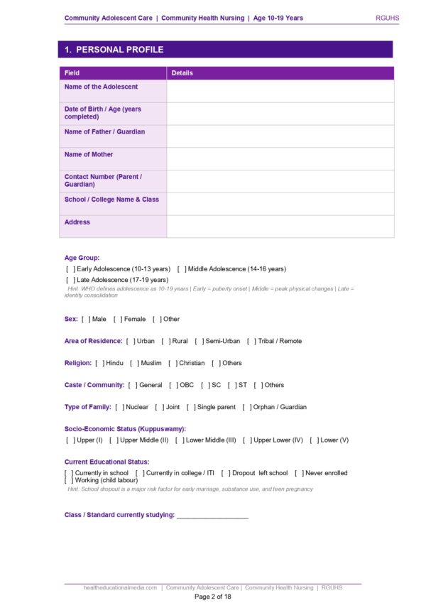 Sample page of the Community Adolescent Care Format PDF for nursing students.