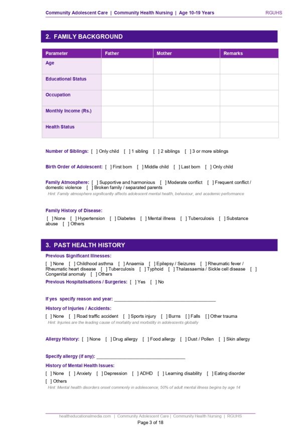 Sample page of the Community Adolescent Care Format PDF for nursing students.