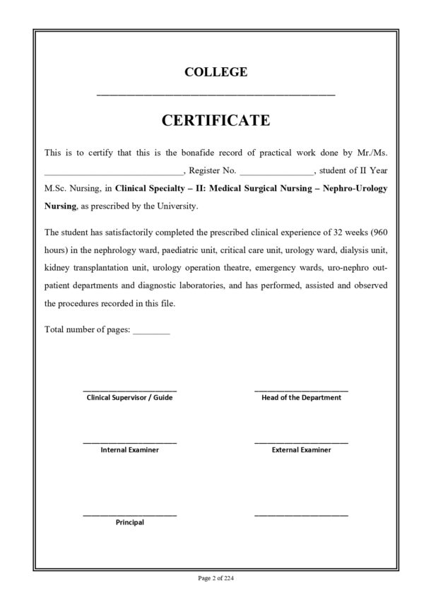 Sample page from M.Sc. Nursing Nephro-Urology Nursing Practical Record