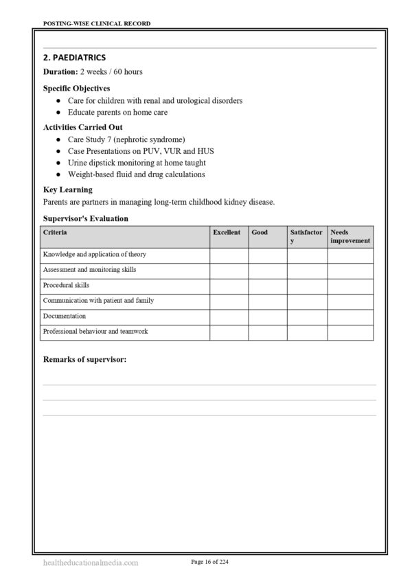 Sample page from M.Sc. Nursing Nephro-Urology Nursing Practical Record