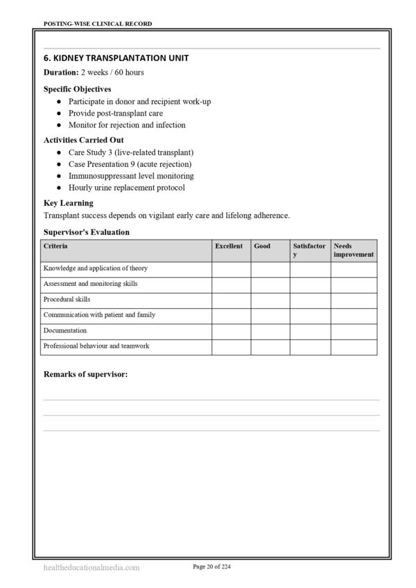 Sample page from M.Sc. Nursing Nephro-Urology Nursing Practical Record
