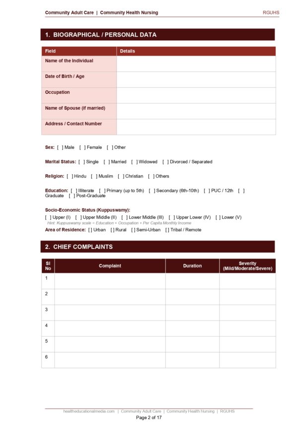 Sample page of the Community Adult Care Format PDF for nursing students.