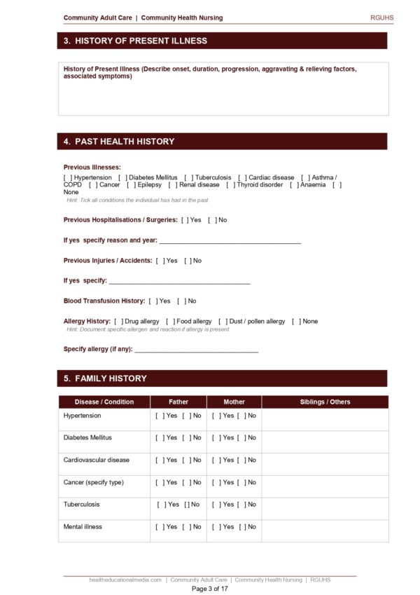 Sample page of the Community Adult Care Format PDF for nursing students.