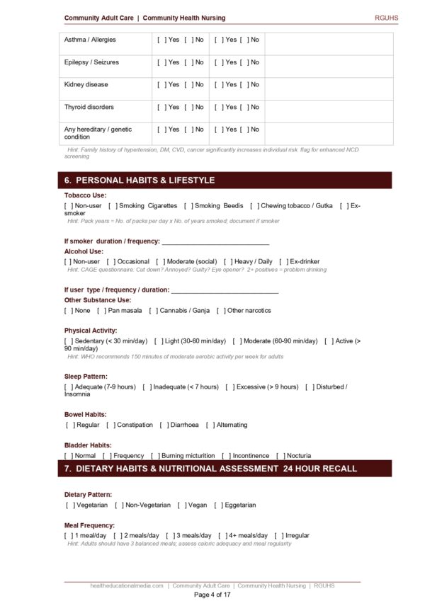 Sample page of the Community Adult Care Format PDF for nursing students.