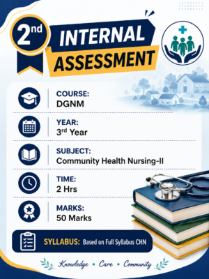 2nd Internal Assessment for DGNM 3rd Year Community Health Nursing-II, 50 marks, 2 hours, based on the full Community Health Nursing syllabus.