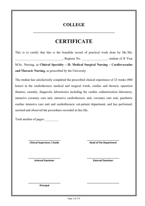 Sample index pages of Cardiovascular and Thoracic Nursing Practical Record PDF for M.Sc. Nursing 2nd Year