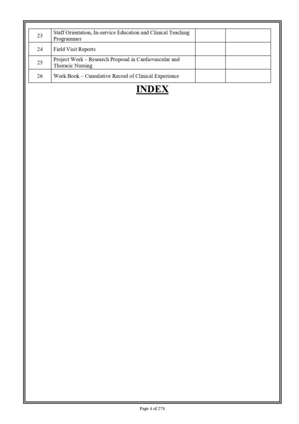 Sample index pages of Cardiovascular and Thoracic Nursing Practical Record PDF for M.Sc. Nursing 2nd Year