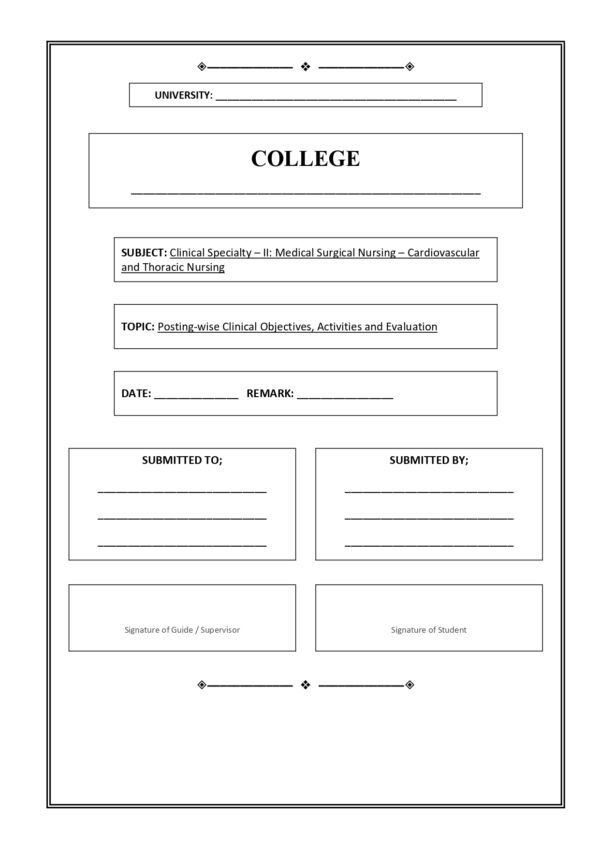Cardiovascular and Thoracic Nursing Practical Record – Sample Index