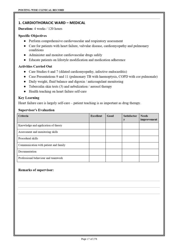 Cardiovascular and Thoracic Nursing Practical Record – Sample Index