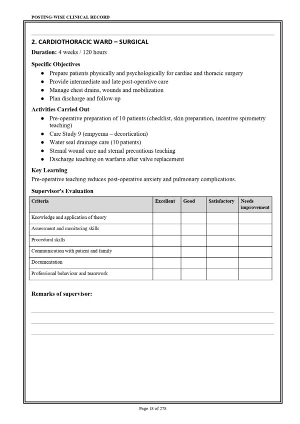 Cardiovascular and Thoracic Nursing Practical Record – Sample Index