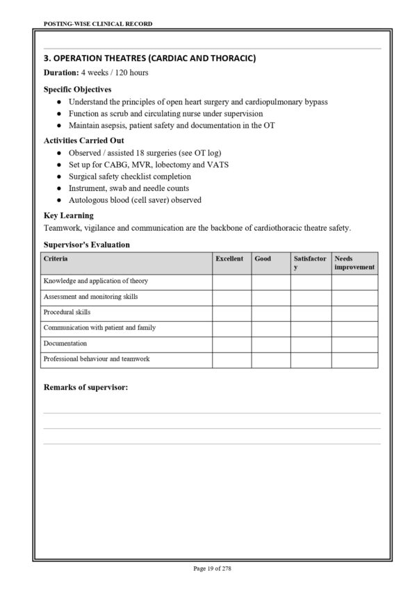 Cardiovascular and Thoracic Nursing Practical Record – Sample Index
