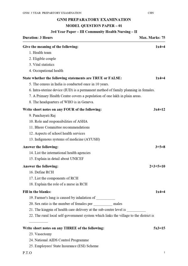 Sample GNM 3rd Year Community Health Nursing II Model Question Paper and Scheme of Evaluation Answer Sheet