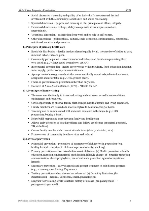 Sample GNM 1st Year Community Health Nursing Model Question Paper with Scheme of Evaluation Answer Sheet