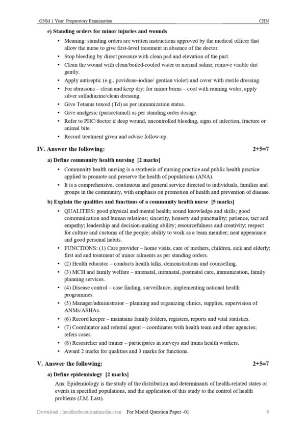 Sample GNM 1st Year Community Health Nursing Model Question Paper with Scheme of Evaluation Answer Sheet