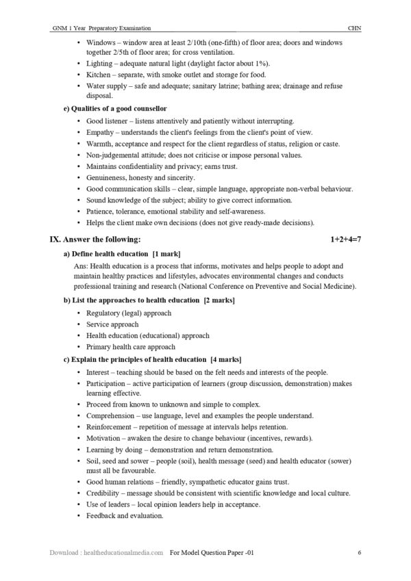 Sample GNM 1st Year Community Health Nursing Model Question Paper with Scheme of Evaluation Answer Sheet