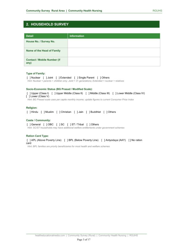 Sample page of the rural community survey format for nursing students.
