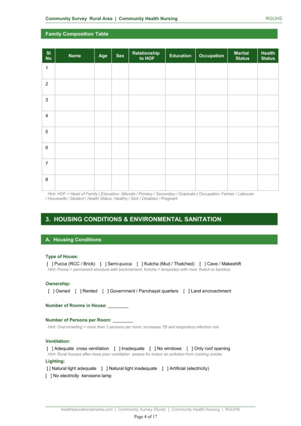 Sample page of the rural community survey format for nursing students.