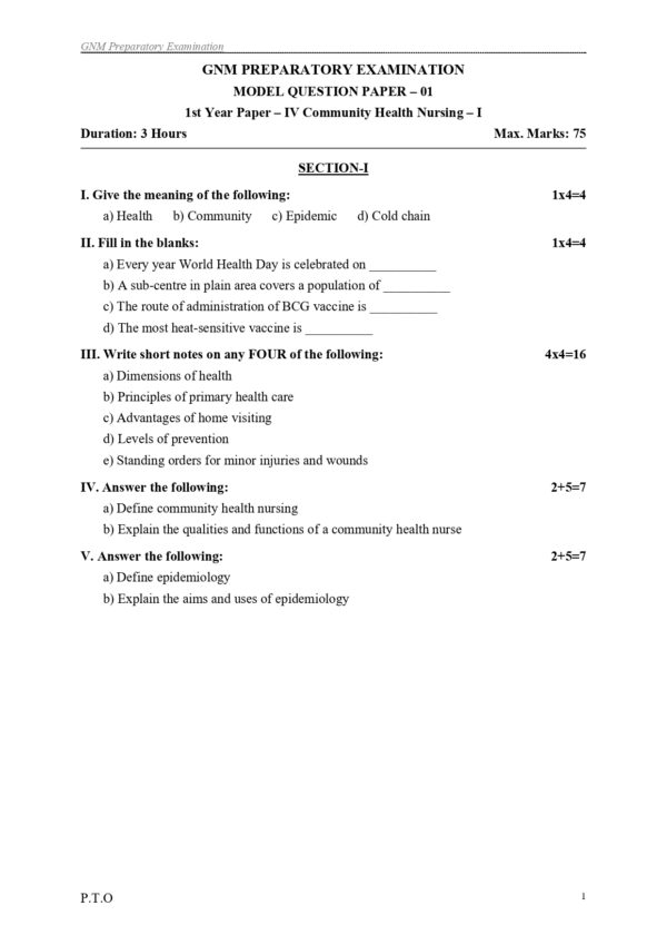 Sample GNM 1st Year Community Health Nursing Model Question Paper with Scheme of Evaluation Answer Sheet
